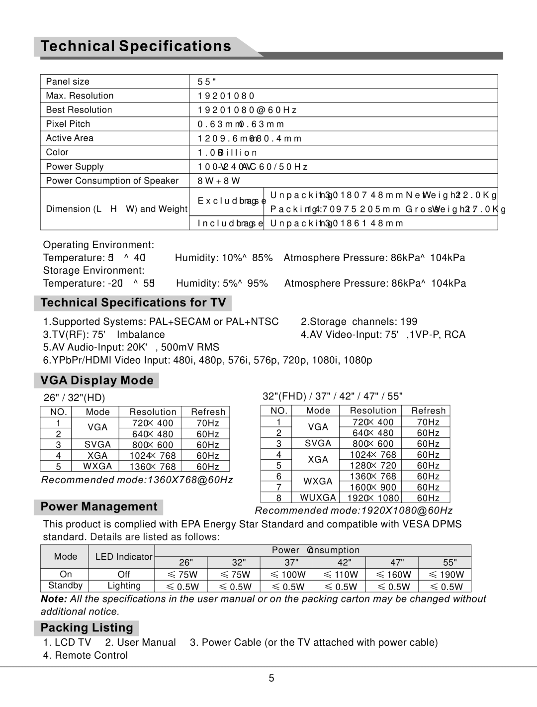 Haier LE55K800, LE42K800, LE47K800 Technical Specifications for TV, VGA Display Mode, Power Management, Packing Listing 