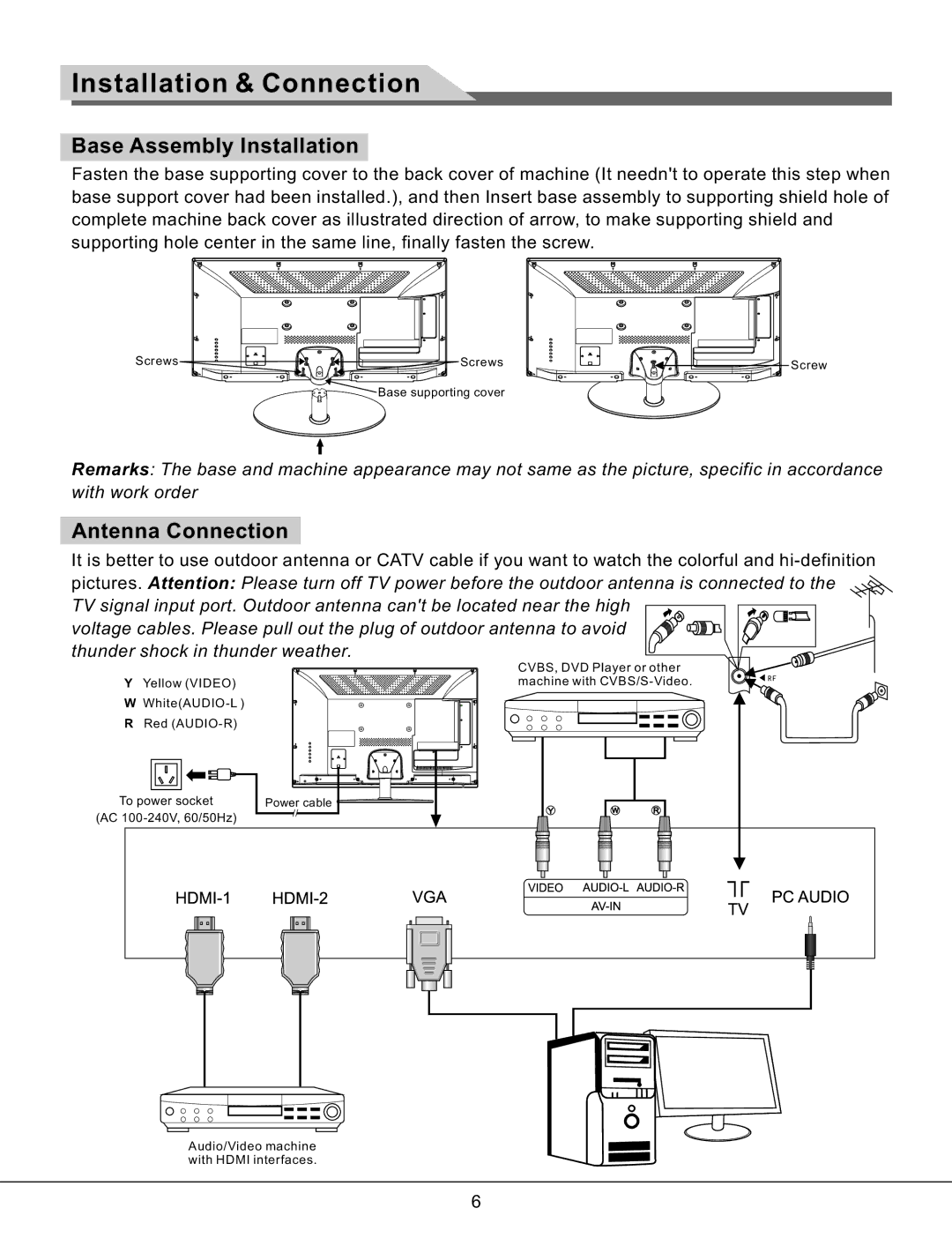 Haier LE42K800, LE55K800, LE47K800, LE37K800 manual Installation & Connection, Base Assembly Installation, Antenna Connection 