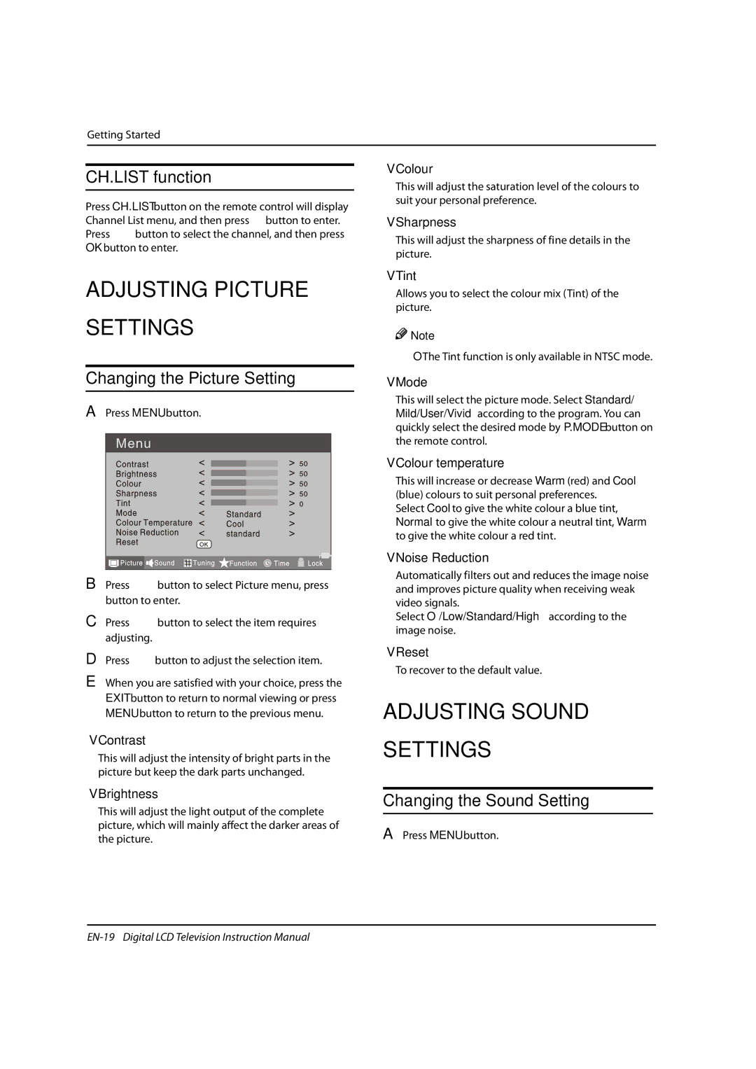 Haier LED40T3, LED19 Adjusting Picture Settings, Adjusting Sound Settings, CH.LIST function, Changing the Picture Setting 