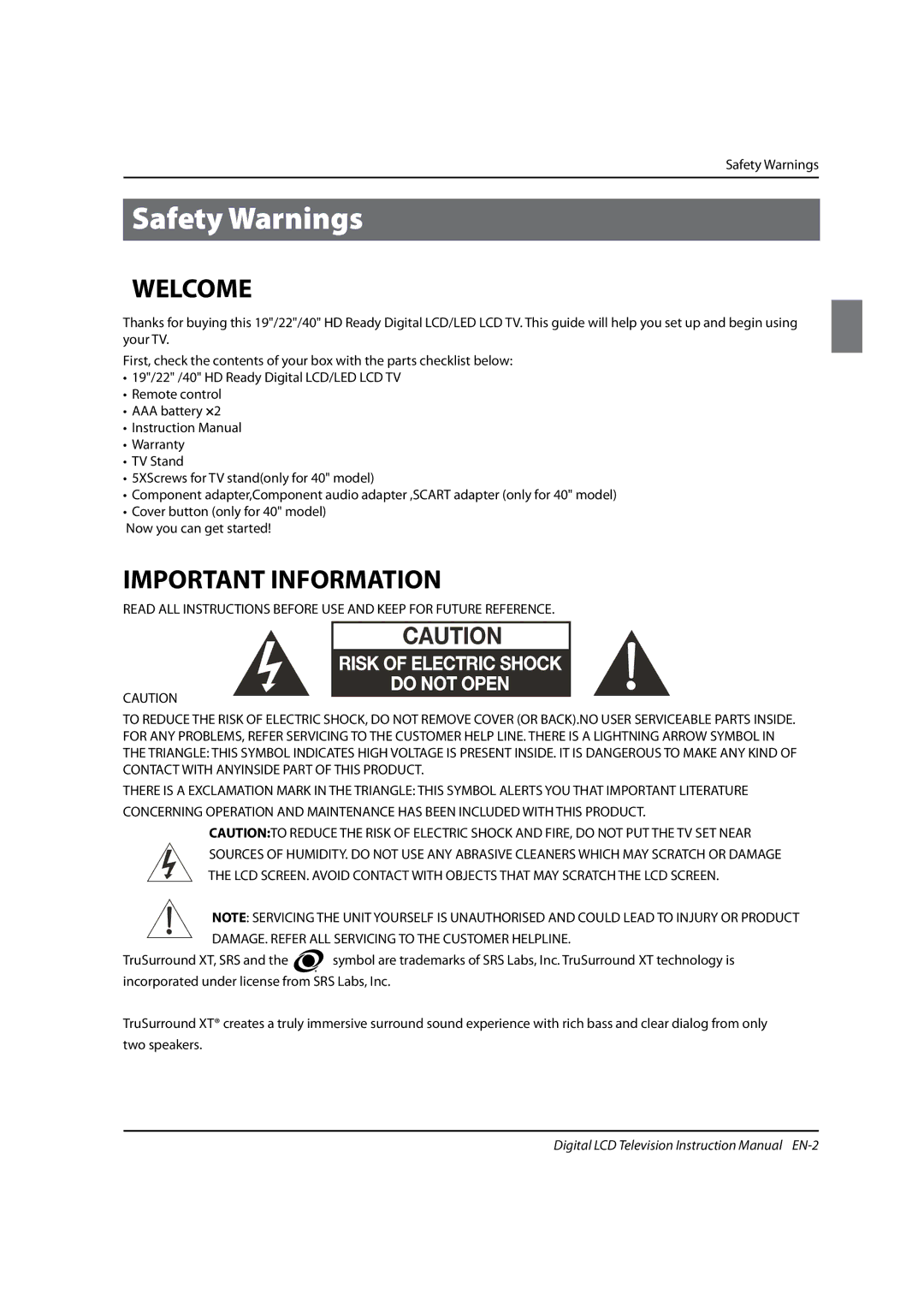 Haier LED22T3, LED19, LED40T3 instruction manual Welcome, Important Information, Safety Warnings 