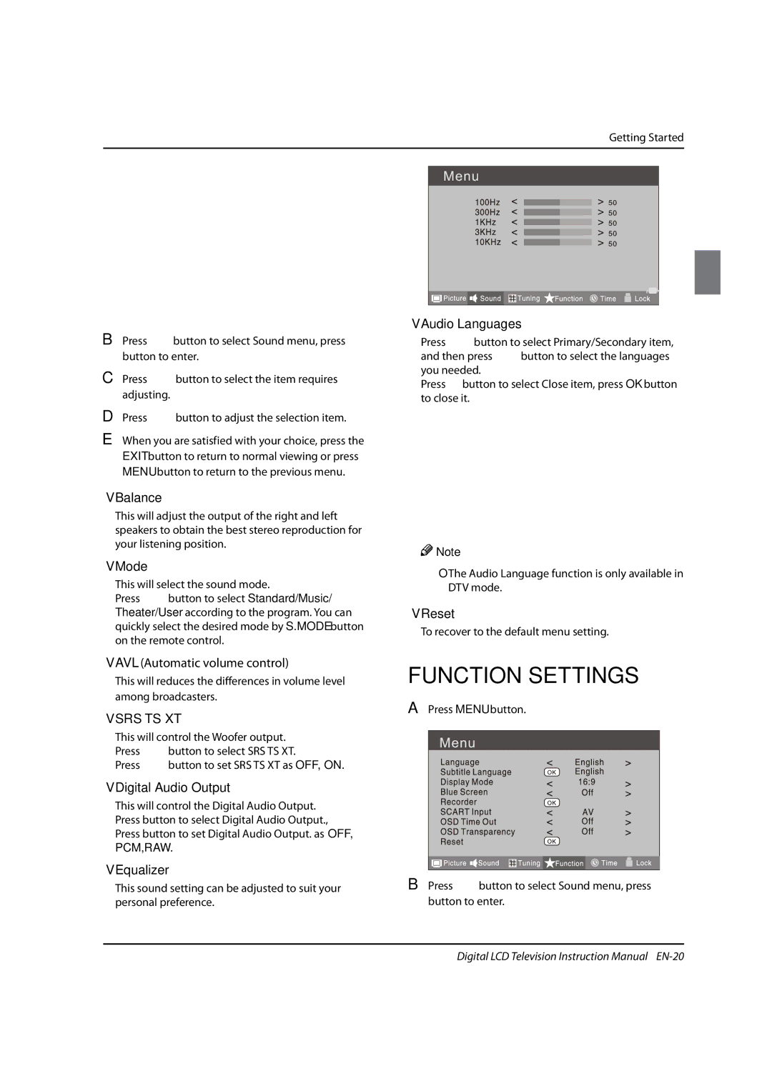 Haier LED22T3, LED19, LED40T3 instruction manual Function Settings, Srs Ts Xt 