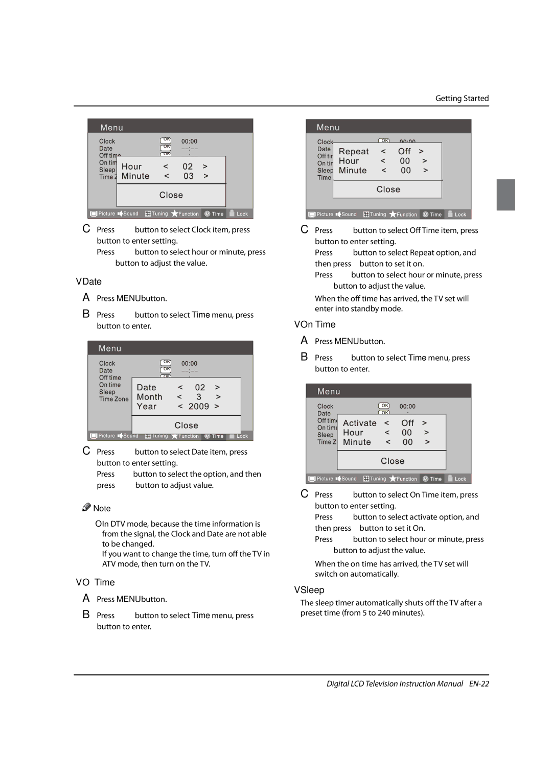 Haier LED40T3, LED19, LED22T3 instruction manual Date, Off Time, On Time, Sleep 