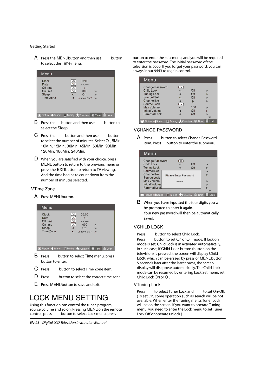 Haier LED22T3, LED19, LED40T3 instruction manual Lock Menu Setting, Change Password, Time Zone, Child Lock, Tuning Lock 