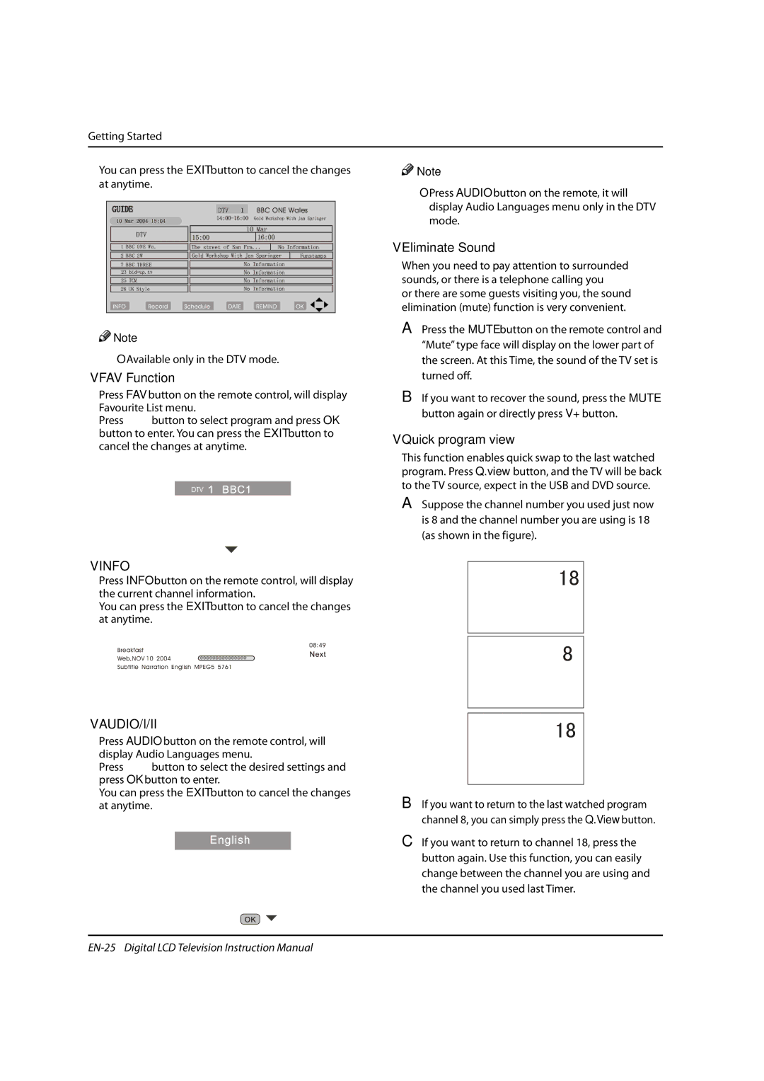 Haier LED40T3, LED19, LED22T3 instruction manual FAV Function, Eliminate Sound, Quick program view, Info, Audio/I/Ii 