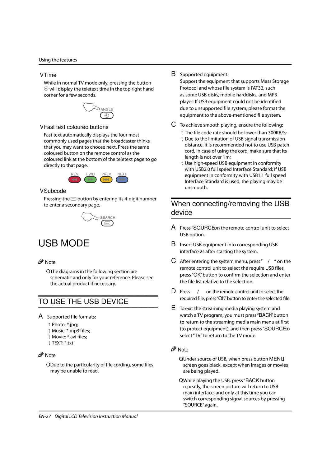 Haier LED19, LED40T3, LED22T3 instruction manual USB Mode, To USE the USB Device, When connecting/removing the USB device 