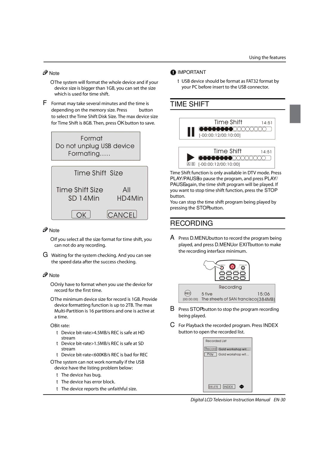 Haier LED19, LED40T3, LED22T3 instruction manual Time Shift, Recording 