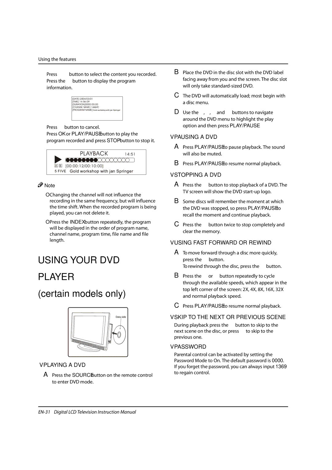 Haier LED40T3, LED19, LED22T3 instruction manual Using Your DVD Player 