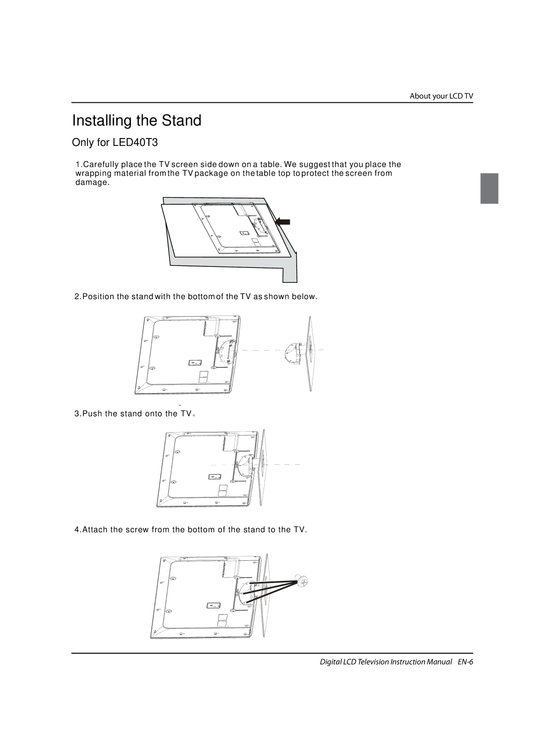 Haier LED19, LED40T3, LED22T3 instruction manual Installing the Stand 