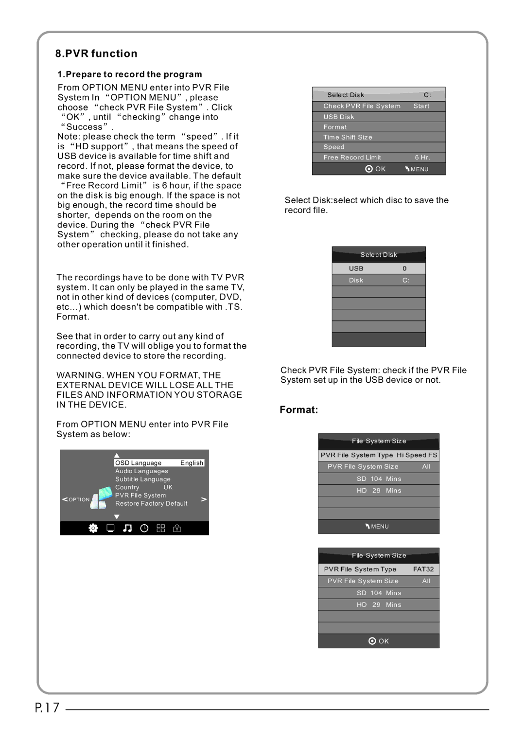 Haier LET19C600F, LET24C600F, LET22C600F user manual PVR function, Format 