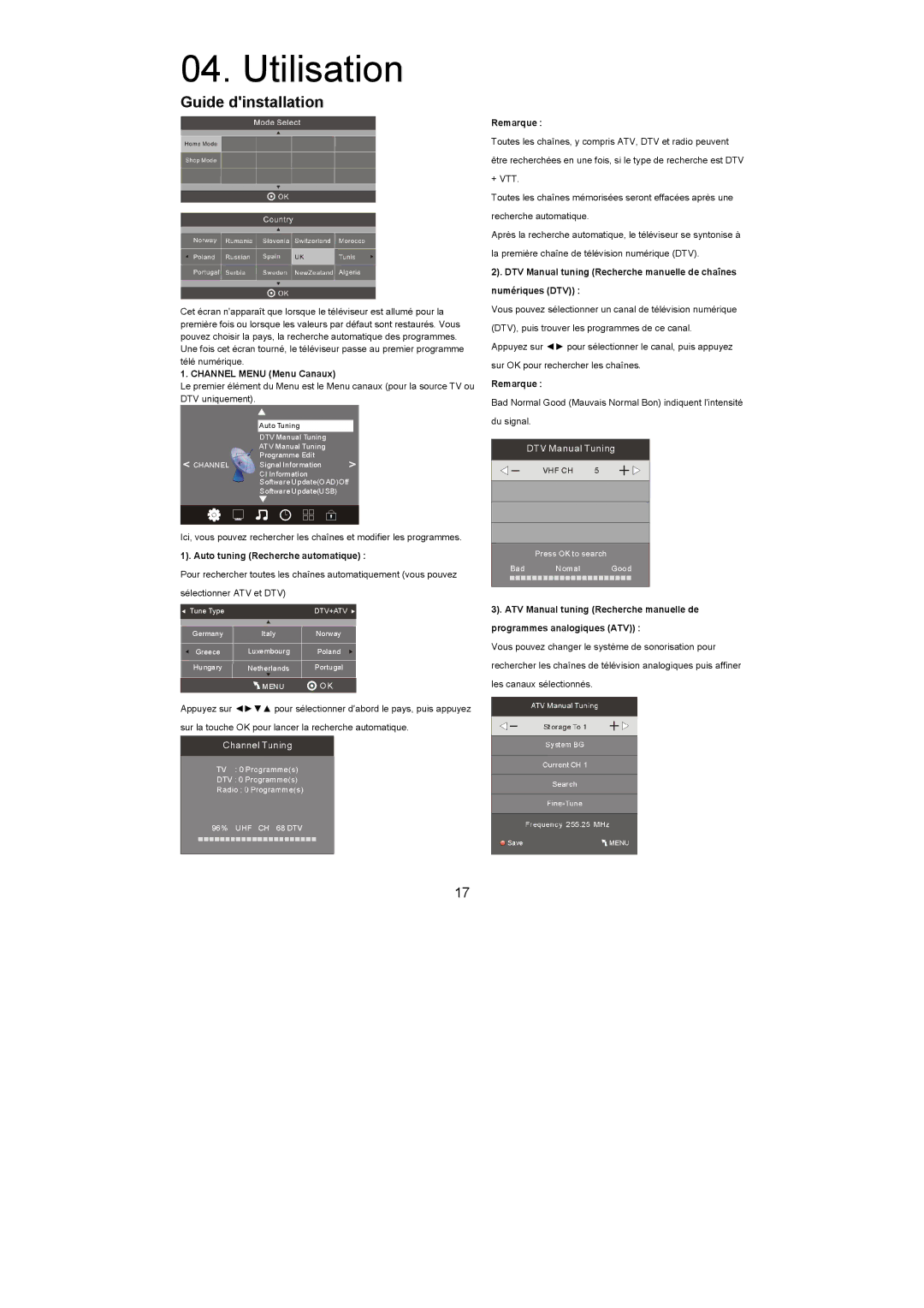 Haier LET22C600F, LET19C600F, LET24C600F user manual Channel Menu Menu Canaux, Auto tuning Recherche automatique, Remarque 