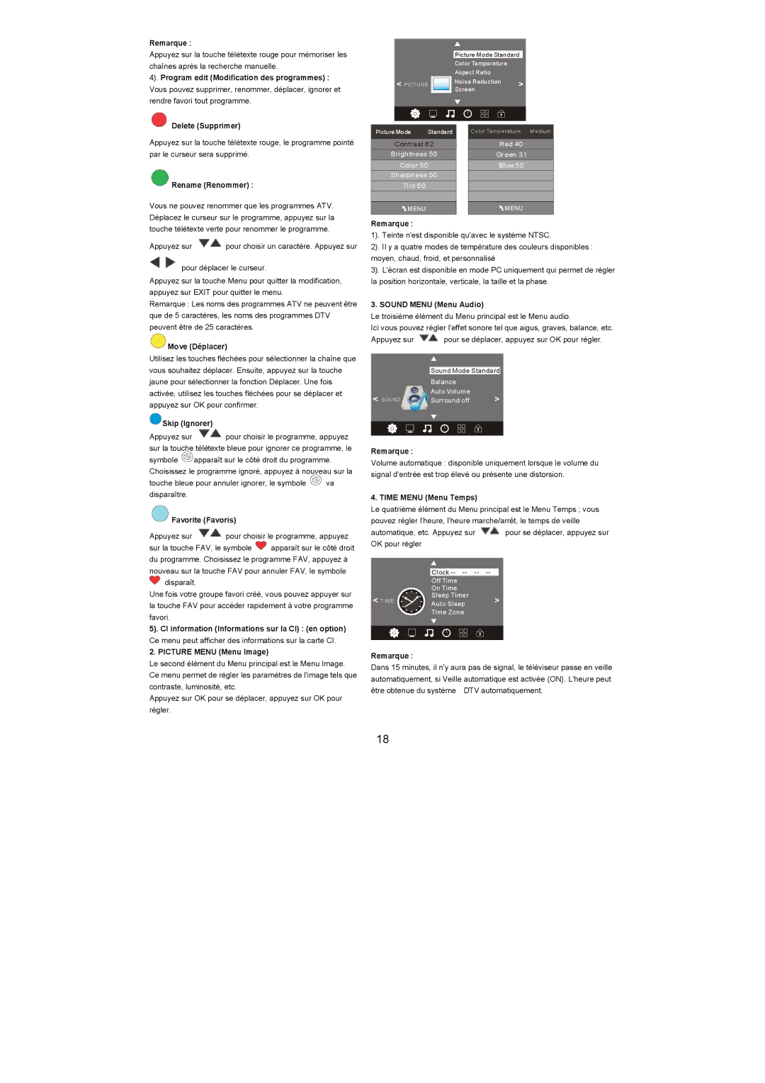 Haier LET19C600F, LET24C600F Rename Renommer, Move Déplacer, Skip Ignorer, Favorite Favoris, Picture Menu Menu Image 