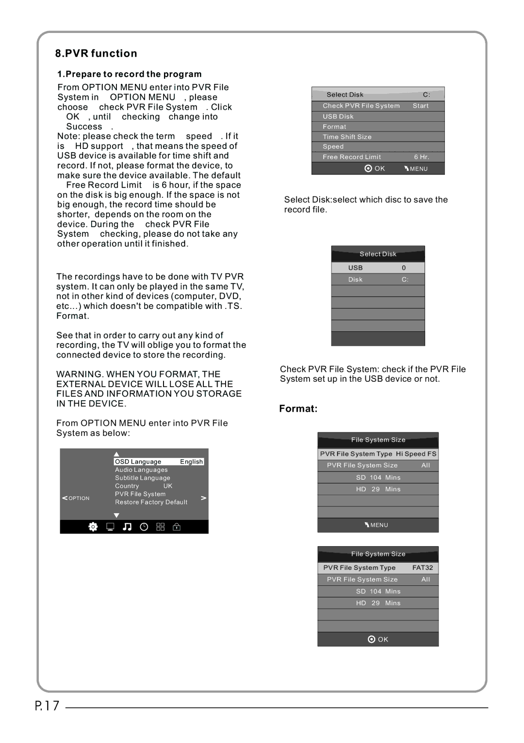 Haier LET26C430, LET32C430 user manual PVR function, Format 