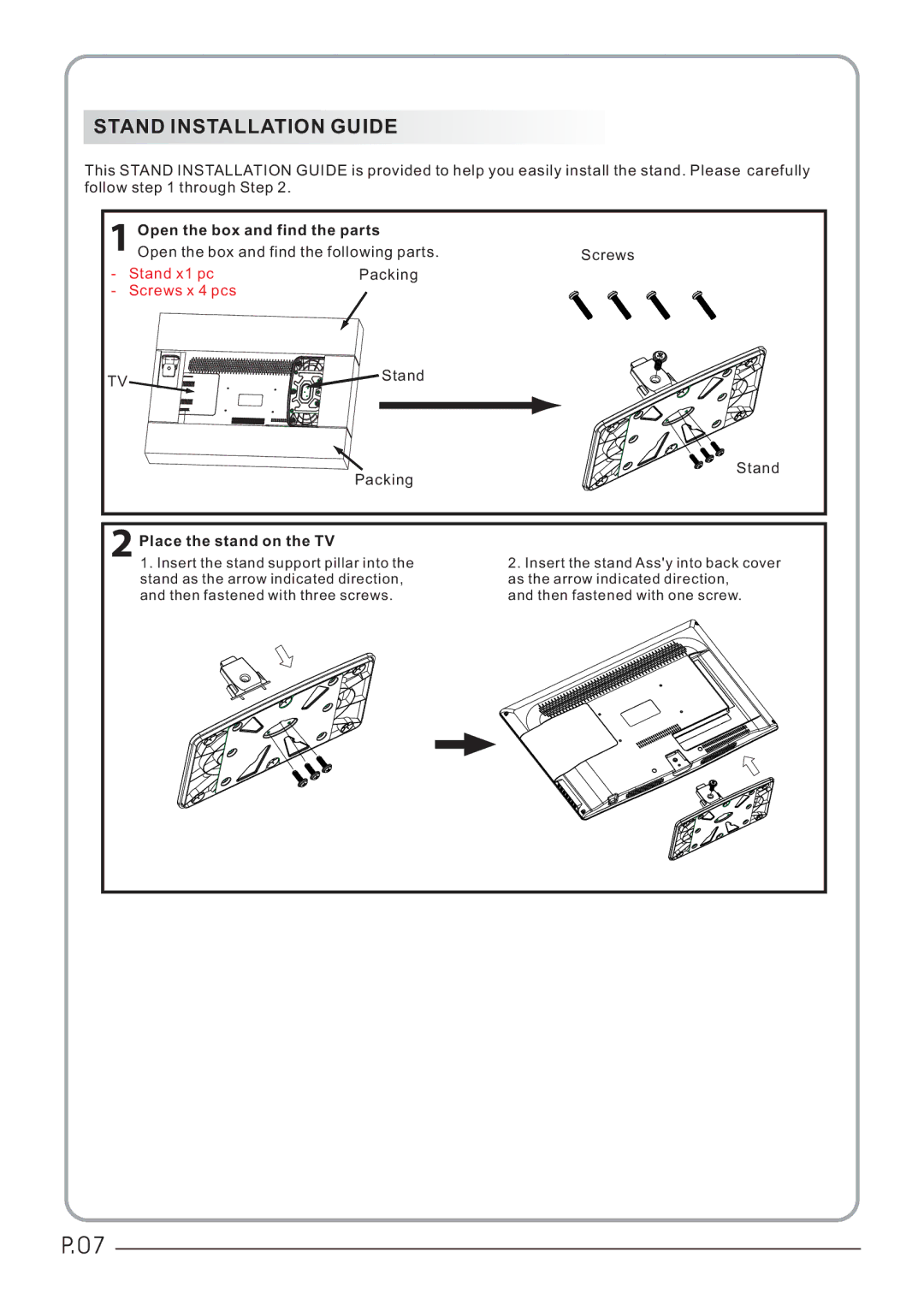 Haier LET26C430, LET32C430 user manual Stand Installation Guide 