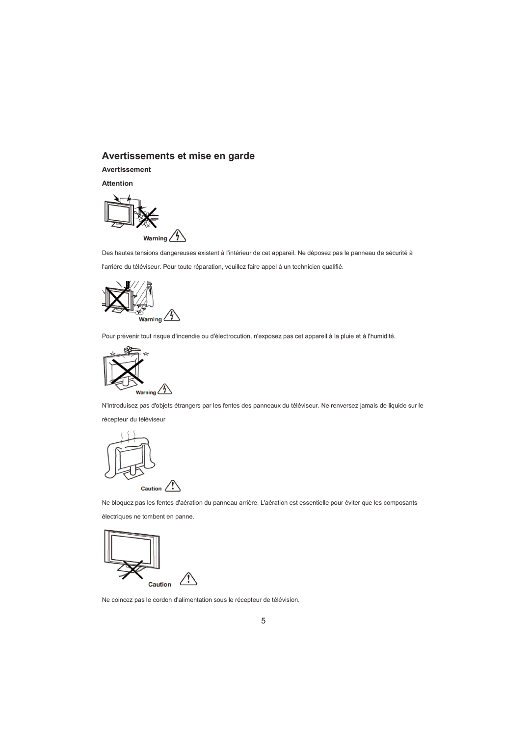 Haier LET32C600F, LET26C600F, LED LCD TV Receiver user manual Avertissements et mise en garde 