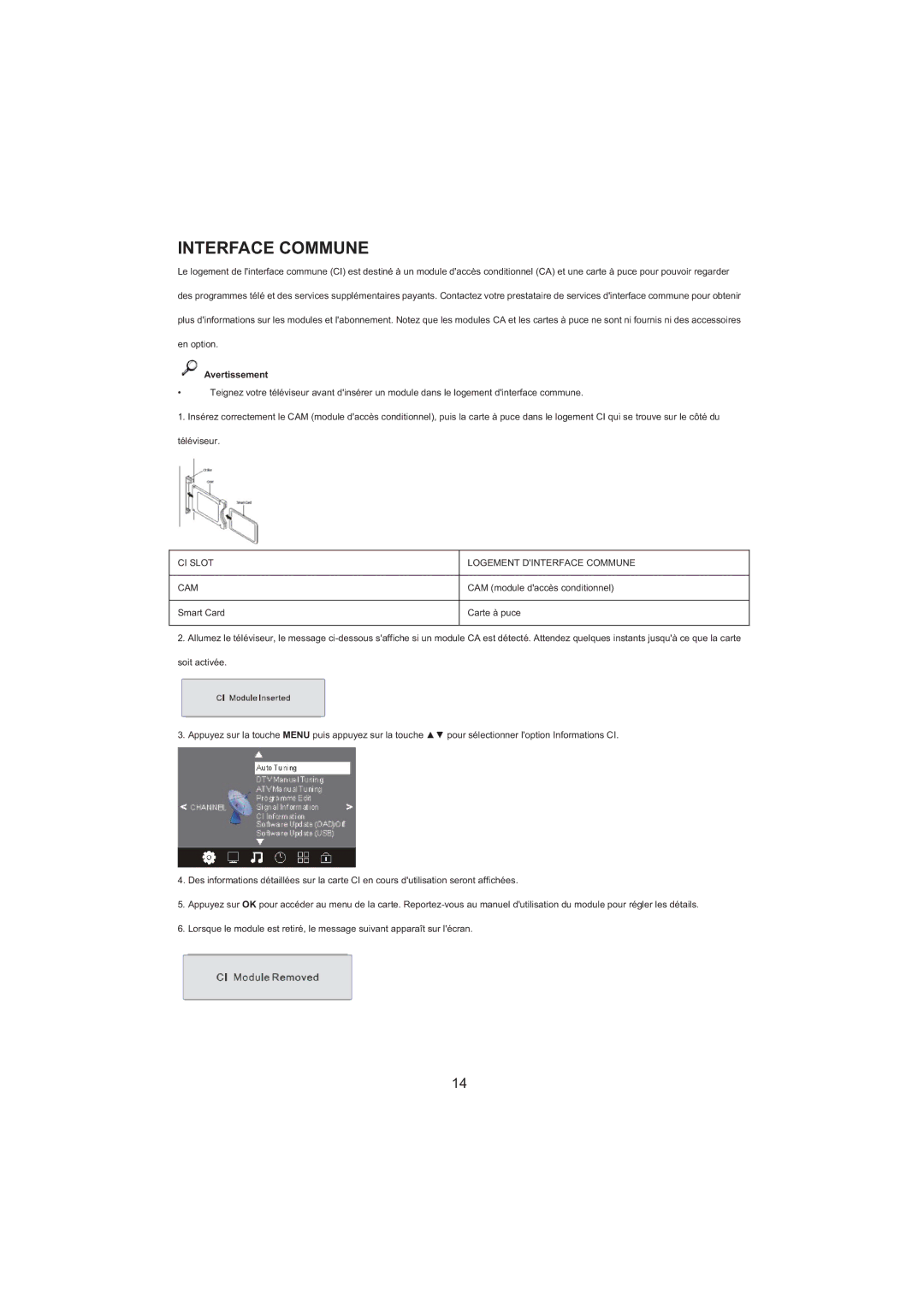 Haier LET32C600F, LET26C600F, LED LCD TV Receiver user manual Interface Commune, Avertissement 