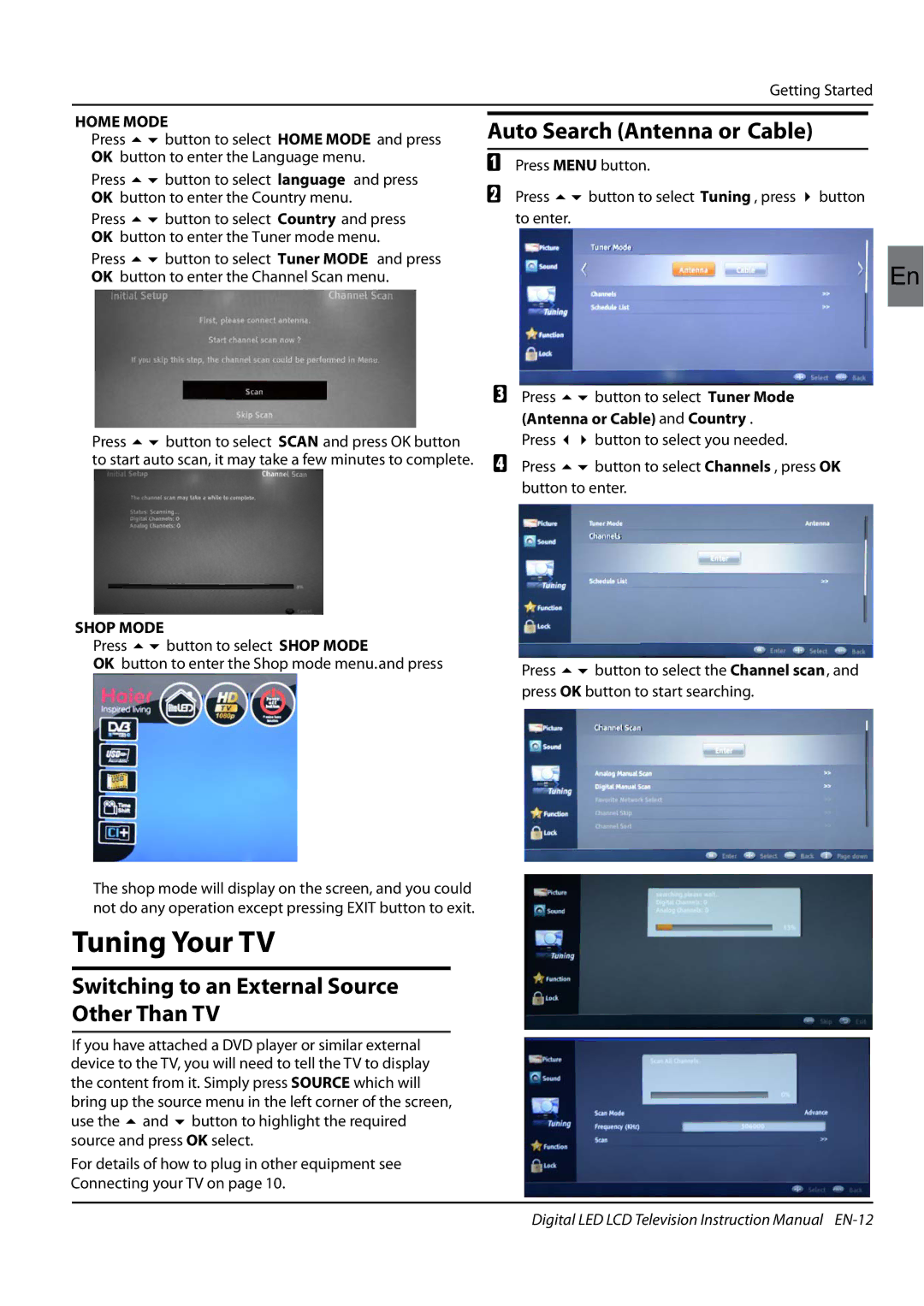 Haier LET39Z18HF, LET42T1000HF Tuning Your TV, Auto Search Antenna or Cable, Switching to an External Source Other Than TV 