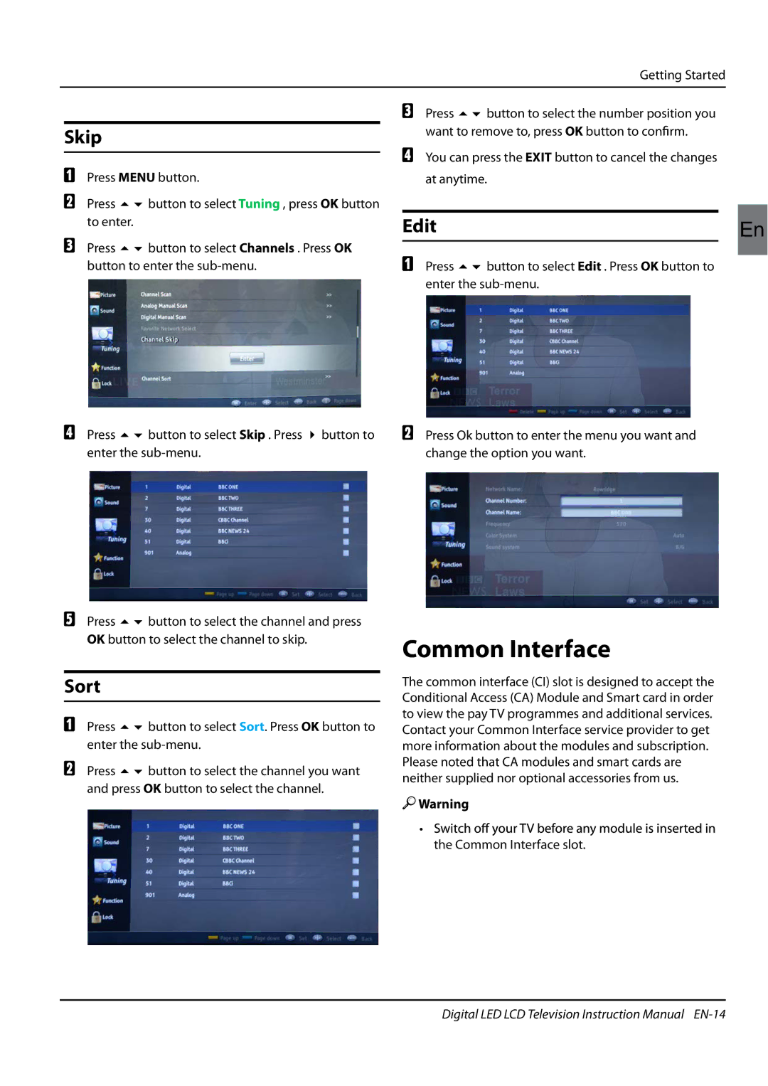 Haier LET46Z18HF, LET42T1000HF, LET39Z18HF, LET32T1000HF instruction manual Common Interface, Skip, Edit, Sort 