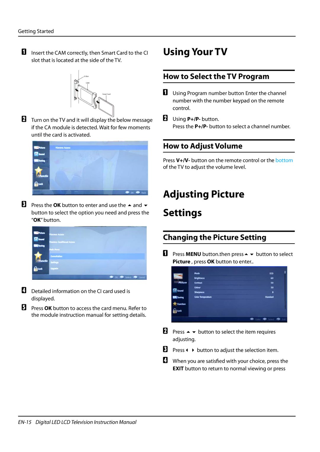 Haier LET42T1000HF Using Your TV, Adjusting Picture Settings, How to Select the TV Program, How to Adjust Volume 