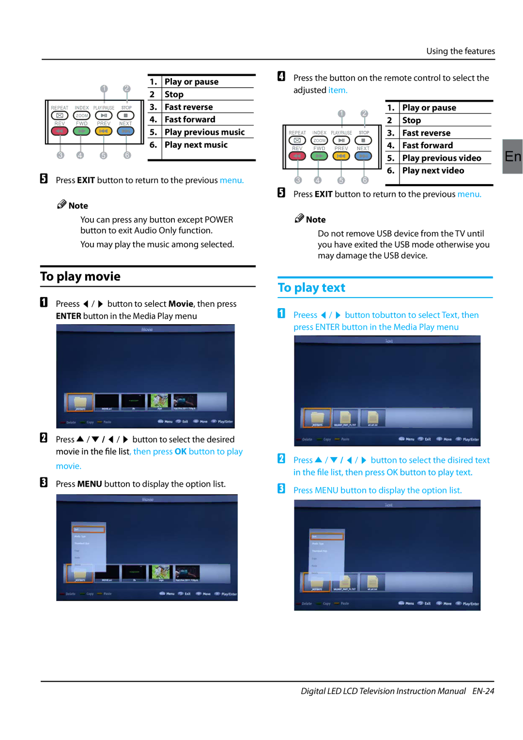 Haier LET39Z18HF To play movie, Using the features Play or pause, Press Exit button to return to the previous menu 