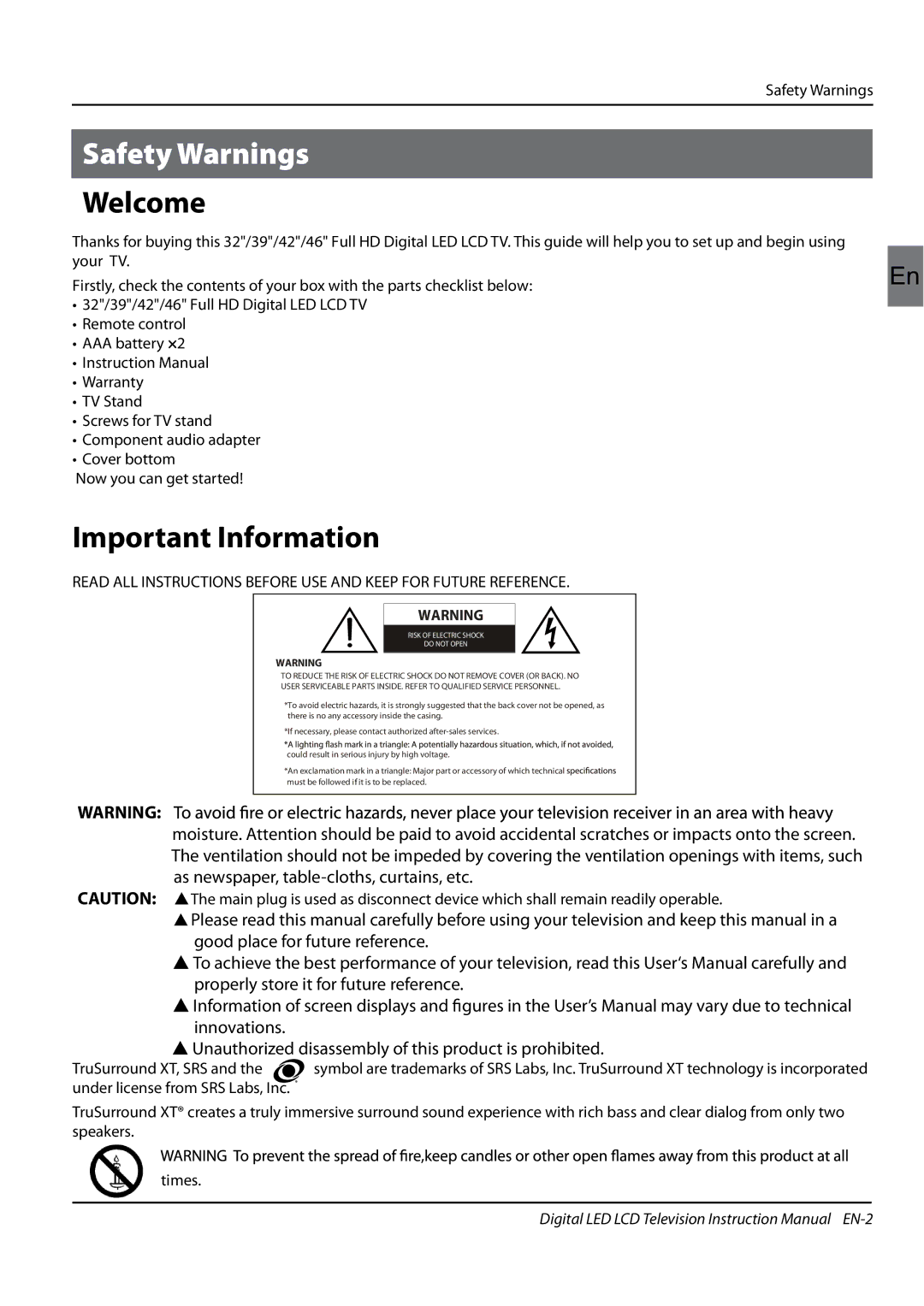 Haier LET46Z18HF, LET42T1000HF, LET39Z18HF Welcome, Important Information, Safety Warnings, TruSurround XT, SRS 