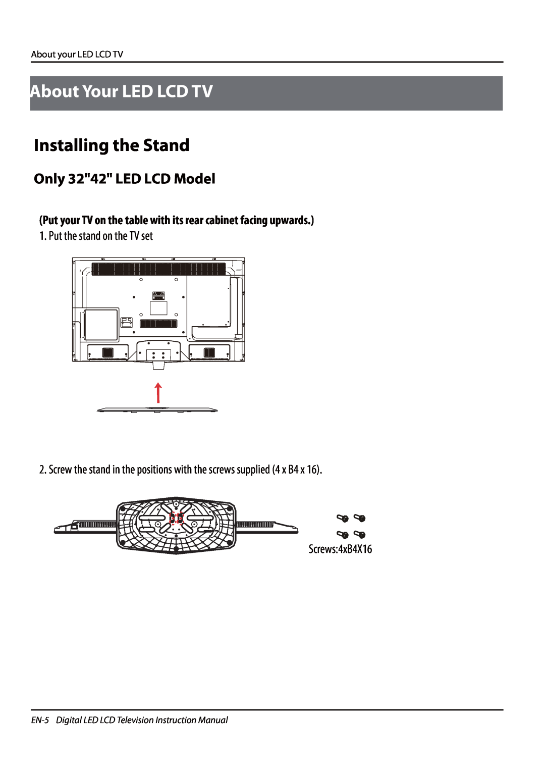 Haier LET32T1000HF About Your LED LCD TV, Installing the Stand, Only 3242 LED LCD Model, Put the stand on the TV set 