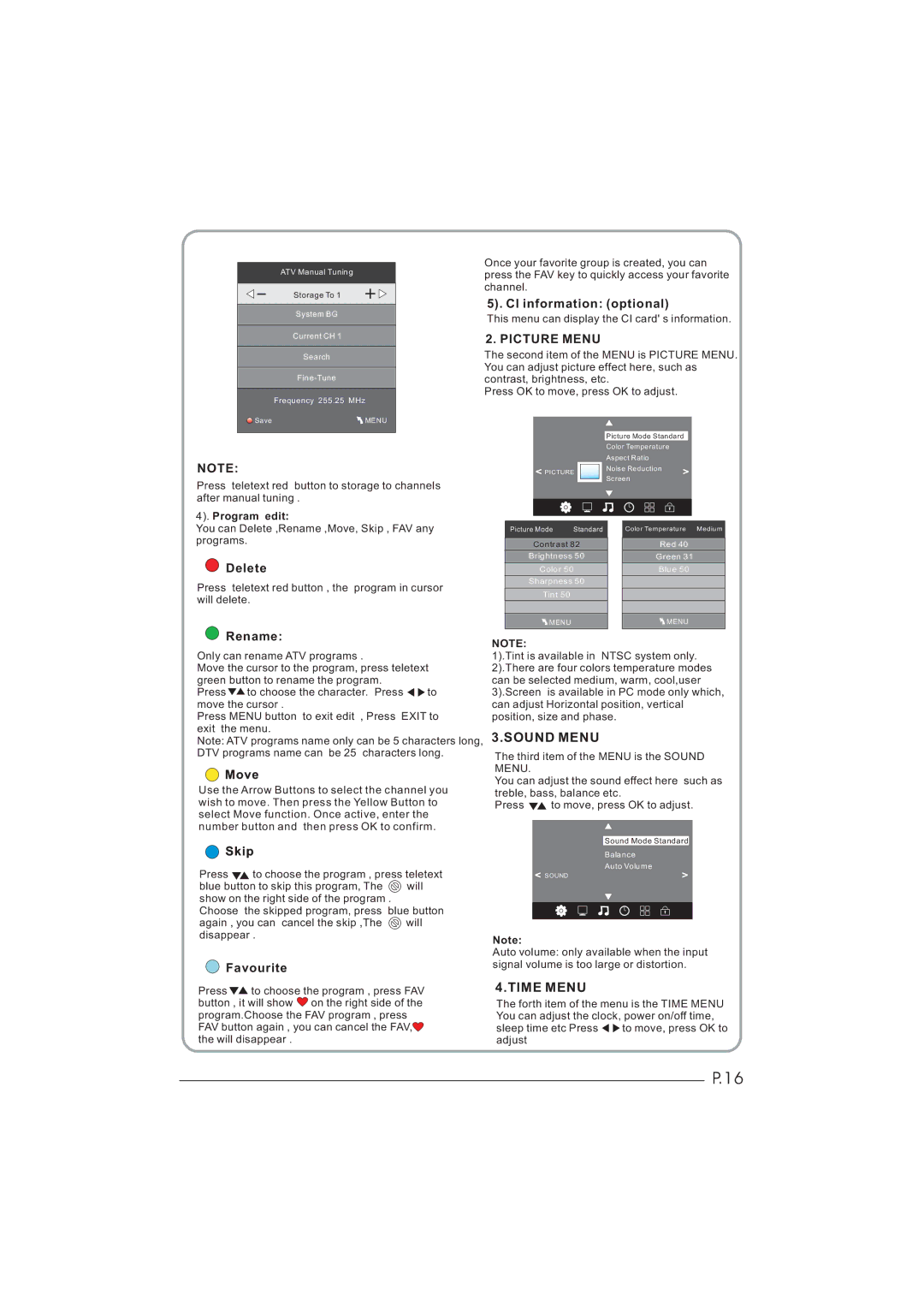 Haier LEY26C600, LEY32C600 user manual Picture Menu, Sound Menu, Time Menu 