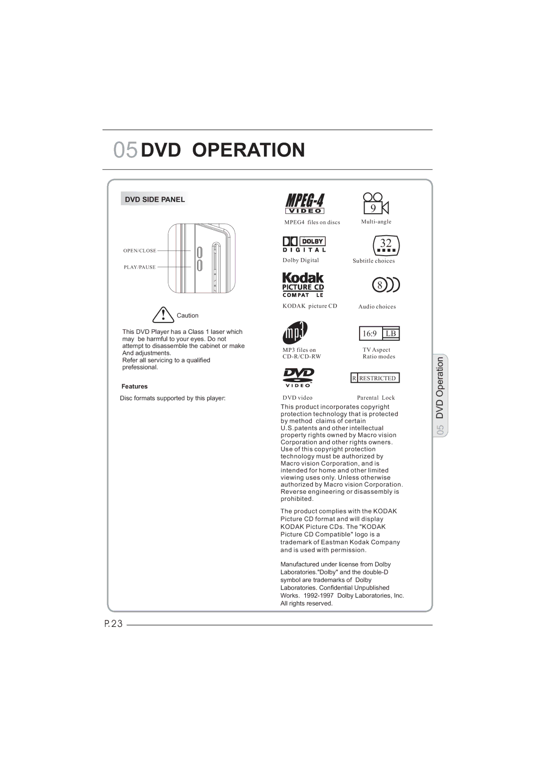 Haier LEY32C600, LEY26C600 user manual DVD Side Panel, Features 