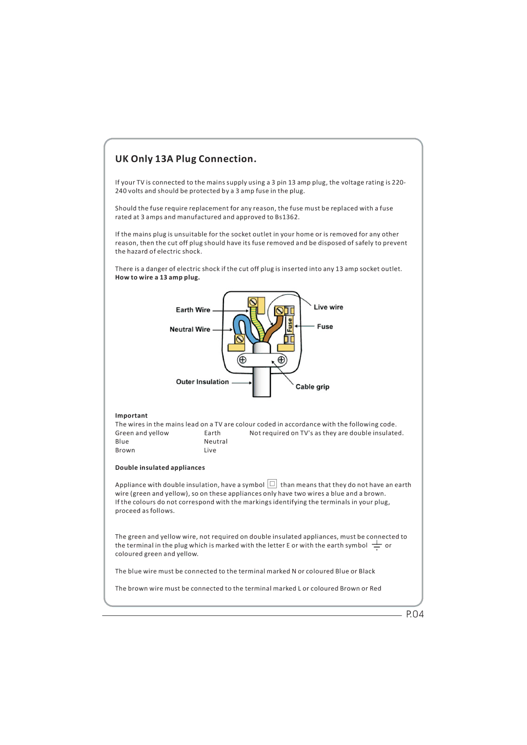 Haier LEY26C600, LEY32C600 user manual UK Only 13A Plug Connection 