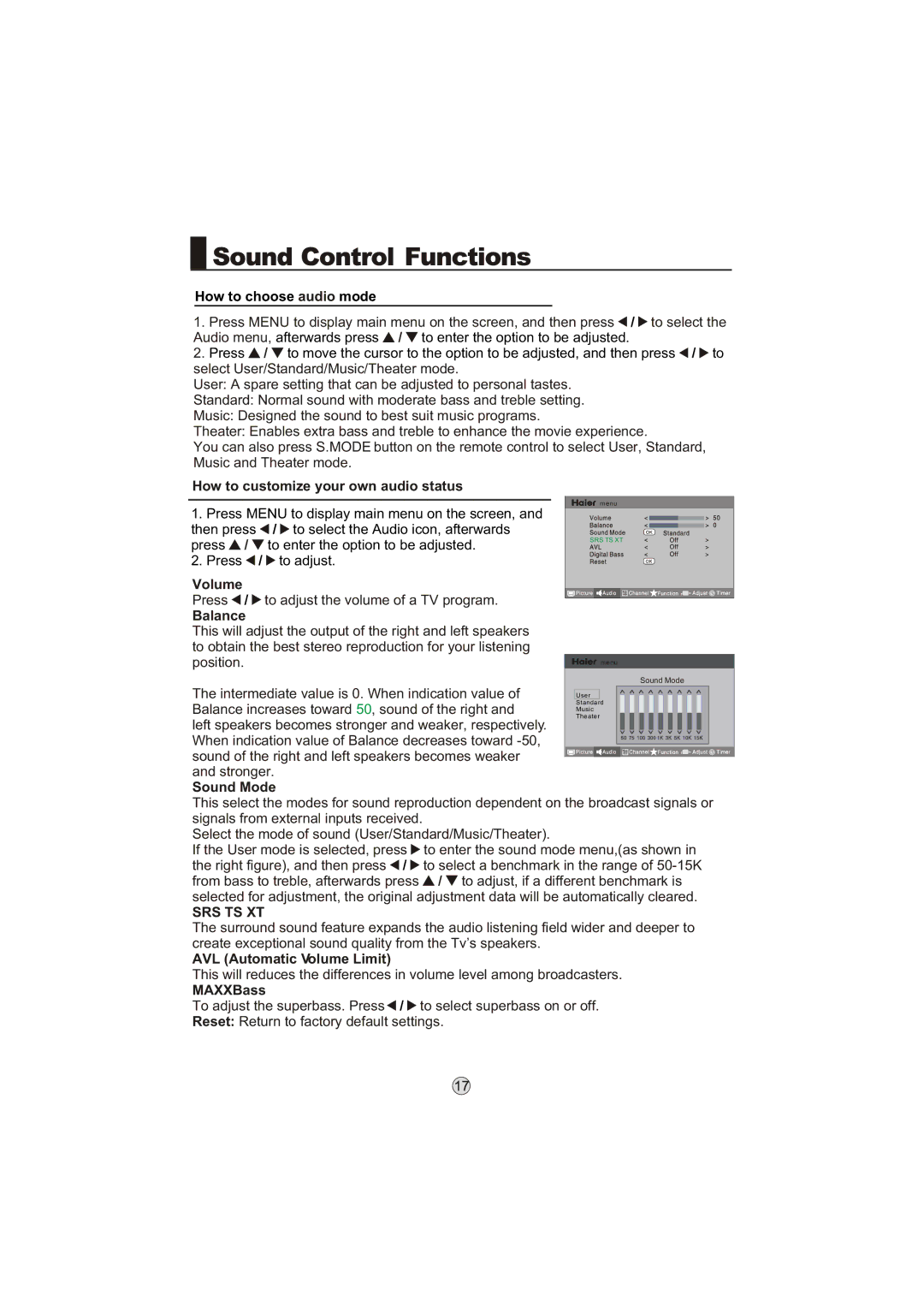 Haier L26M9, LP55R3 How to customize your own audio status, Balance, Sound Mode, AVL Automatic Volume Limit, MAXXBass 