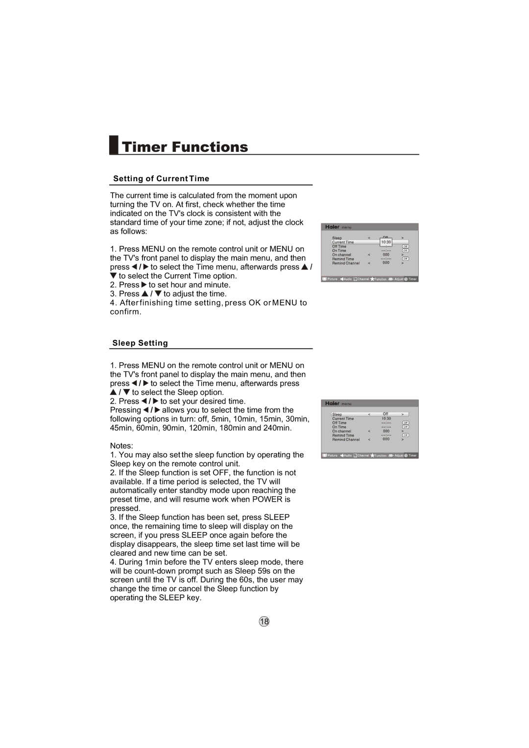 Haier LP55R3, LB46R3, LB42R3, LB26R3, L55M9, L46M9, L42M9, LB32R3, L32M9, L26M9 manual Setting of Current Time, Sleep Setting 
