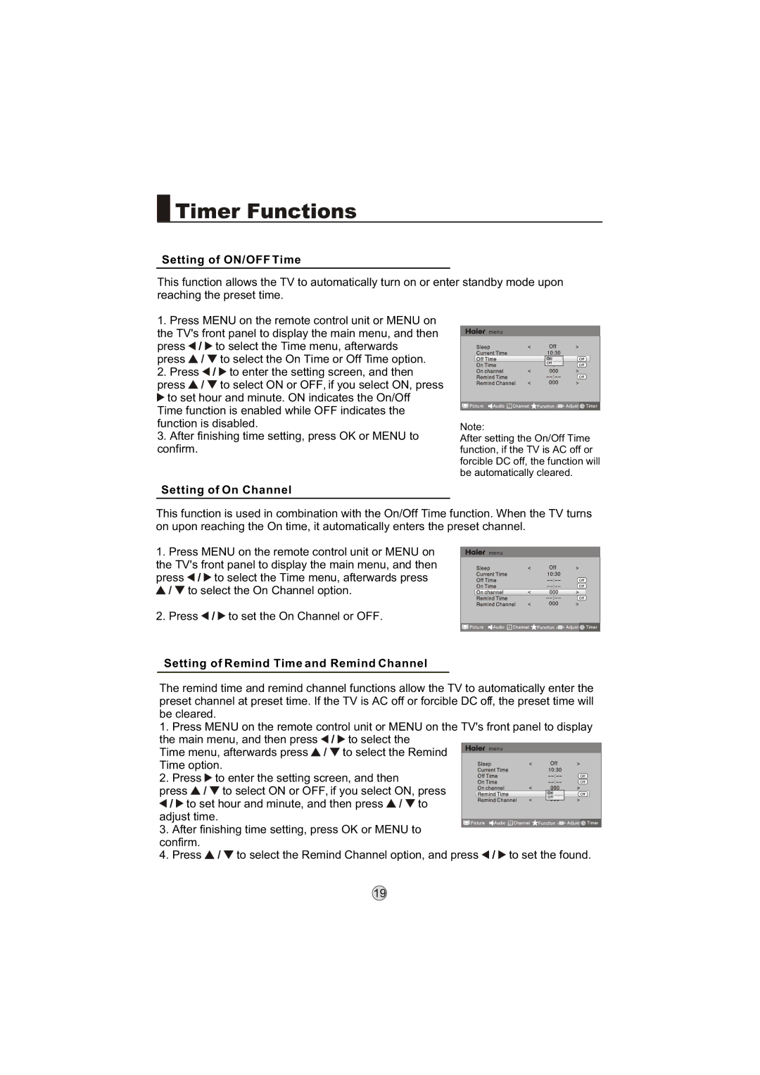 Haier LB46R3, LP55R3, LB42R3, L55M9 Setting of ON/OFF Time, Setting of On Channel, Setting of Remind Time and Remind Channel 