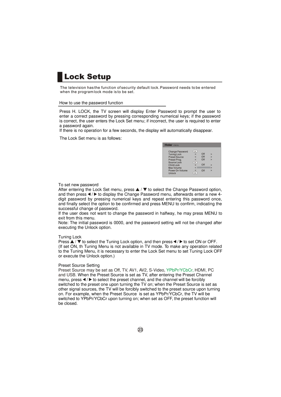 Haier L46M9, LP55R3, LB46R3, L55M9 How to use the password function, To set new password, Tuning Lock, Preset Source Setting 