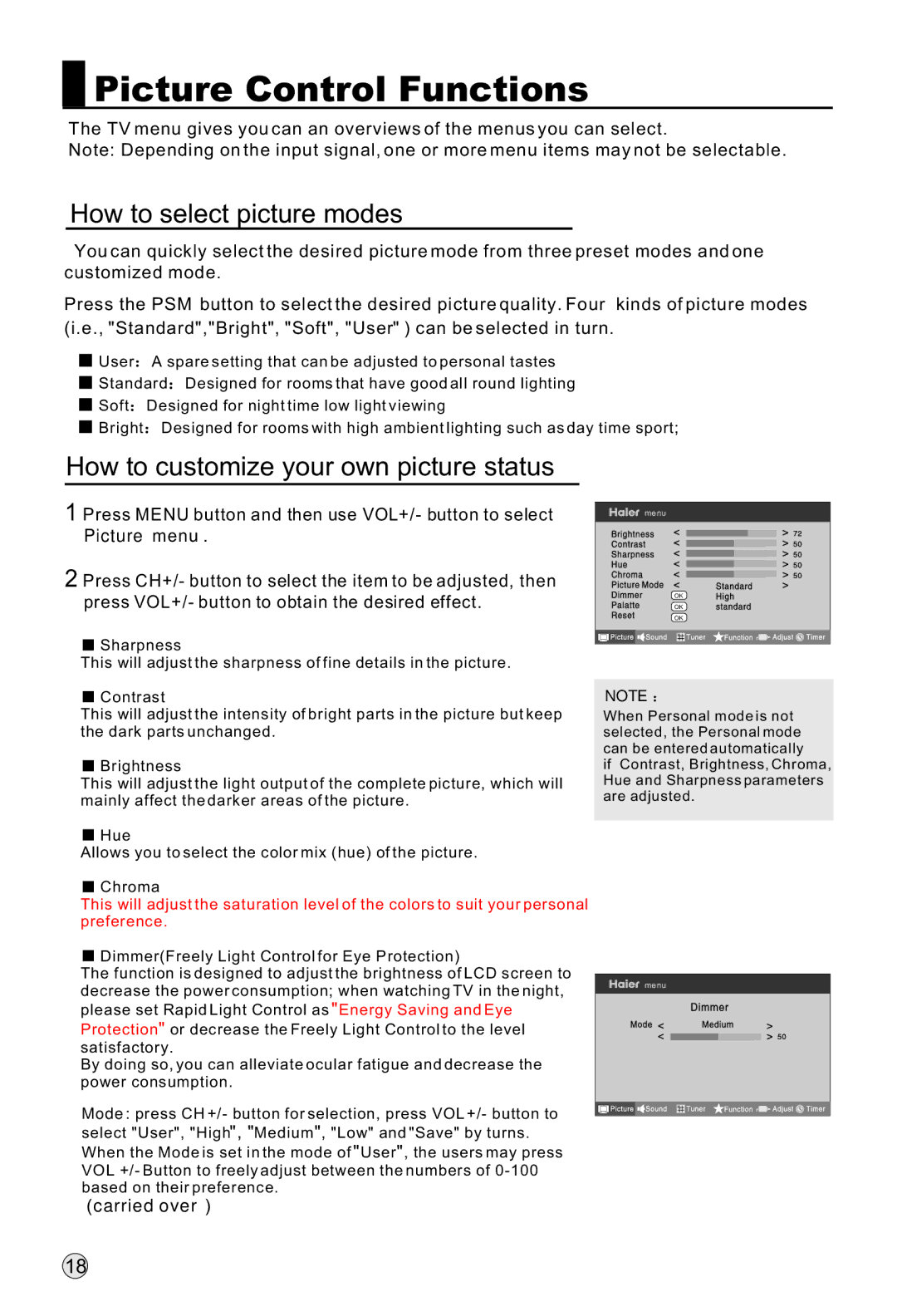 Haier LR42T1, LR47T1 Picture Control Functions, How to select picture modes, How to customize your own picture status 