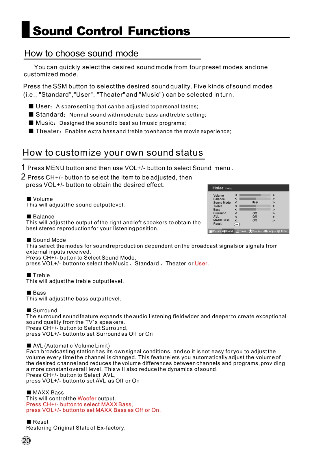 Haier LR42T1, LR47T1 owner manual Sound Control Functions, How to choose sound mode, How to customize your own sound status 