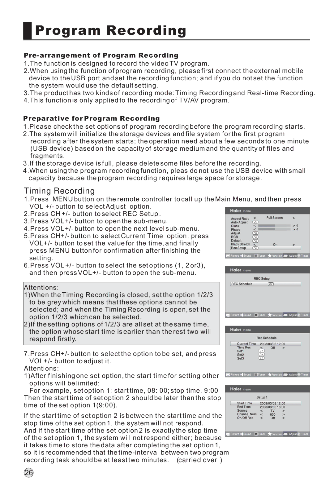 Haier LR42T1, LR47T1 Timing Recording, Pre-arrangement of Program Recording, Preparative for Program Recording 