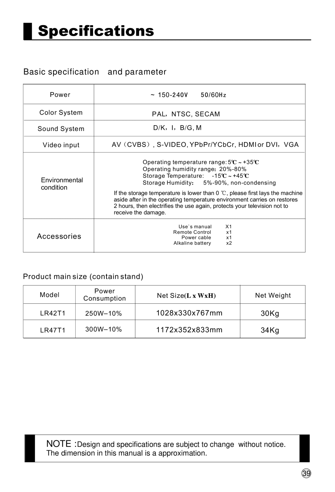 Haier LR47T1, LR42T1 owner manual Basic specification and parameter, Model 