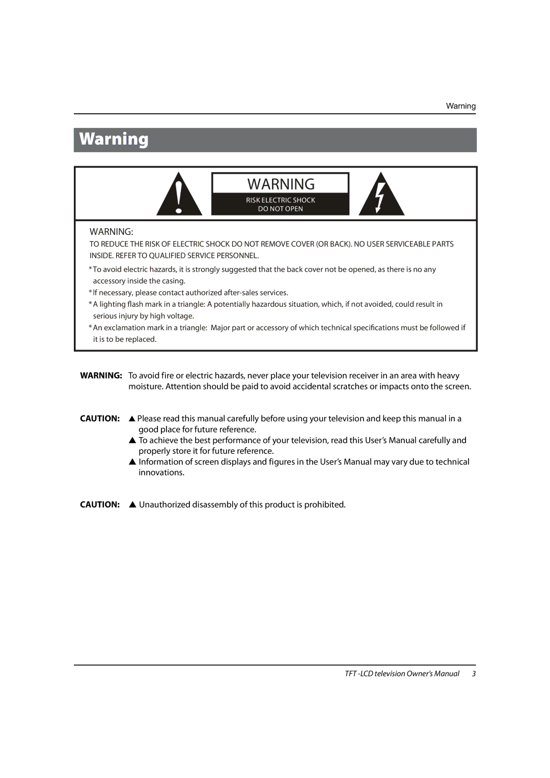 Haier LS47T3, LS42T3 manual Risk Electric Shock Do not Open 