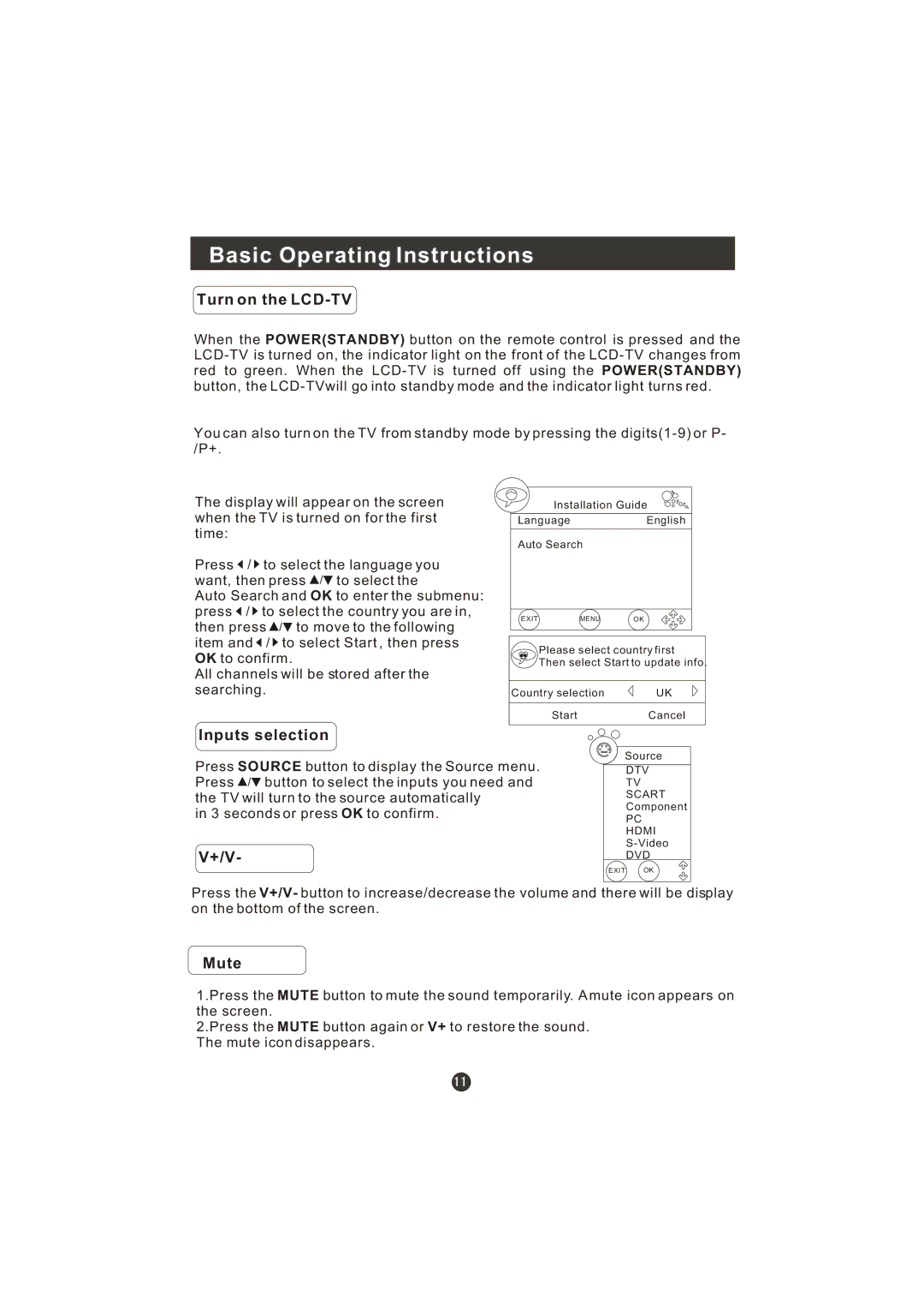 Haier LT22R3CBW user manual Basic Operating Instructions, Turn on the LCD-TV, Inputs selection, +/V, Mute 