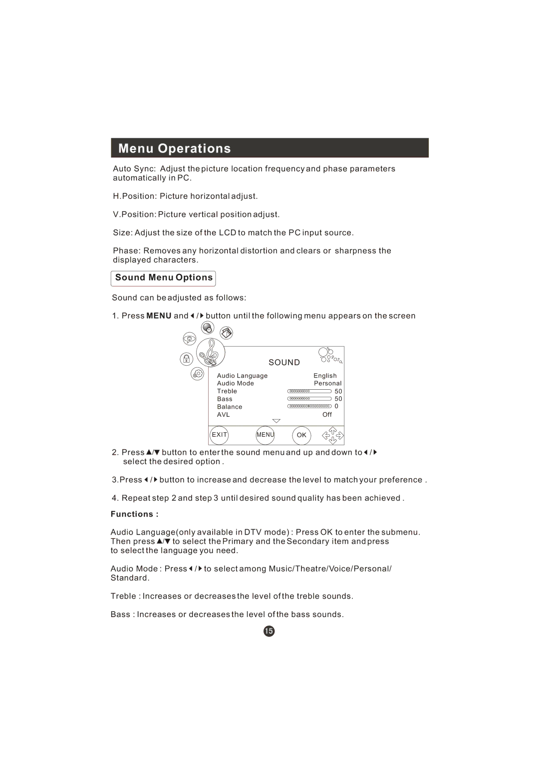 Haier LT22R3CBW user manual Sound Menu Options 