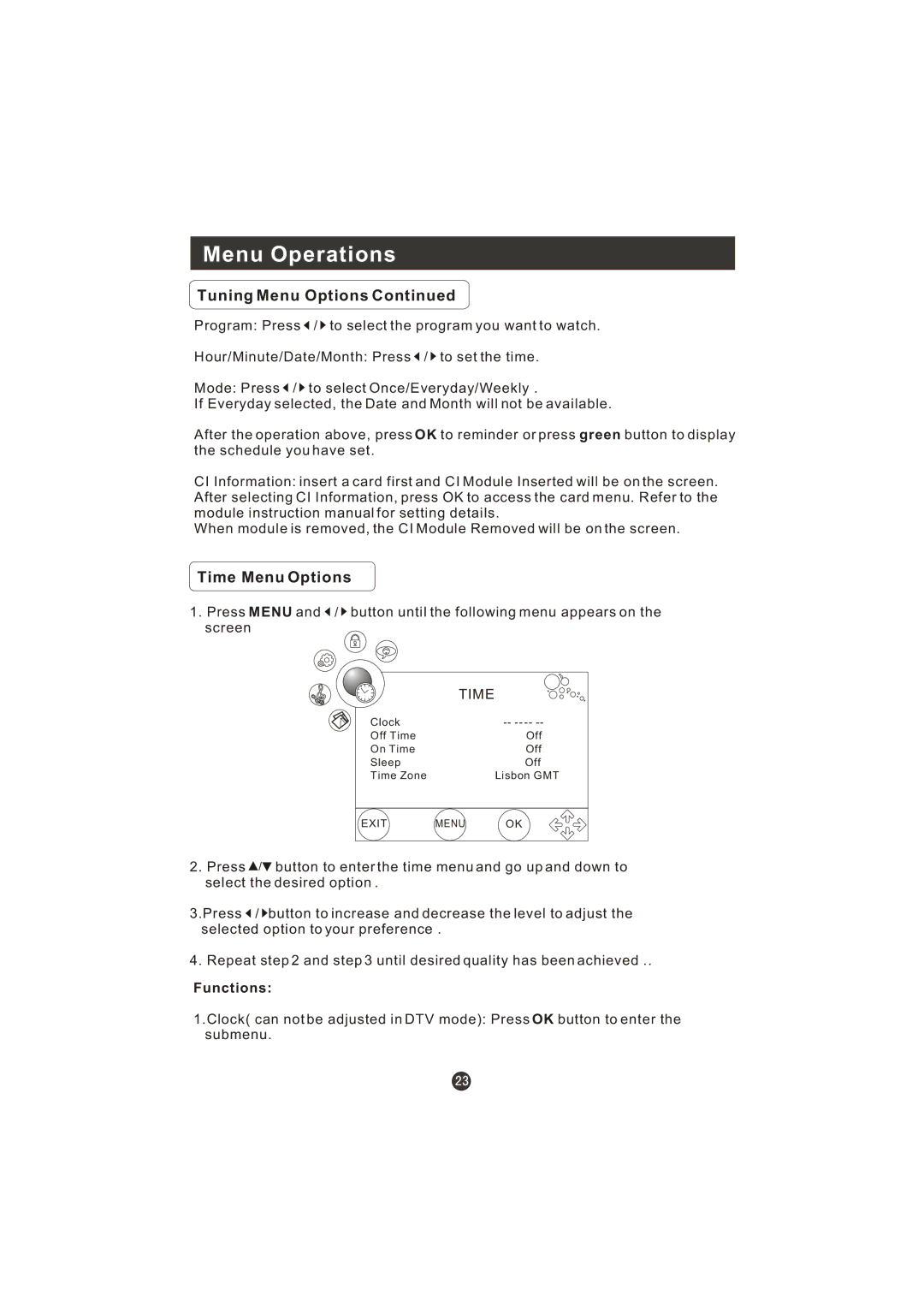 Haier LT22R3CBW user manual Time Menu Options, Functions 