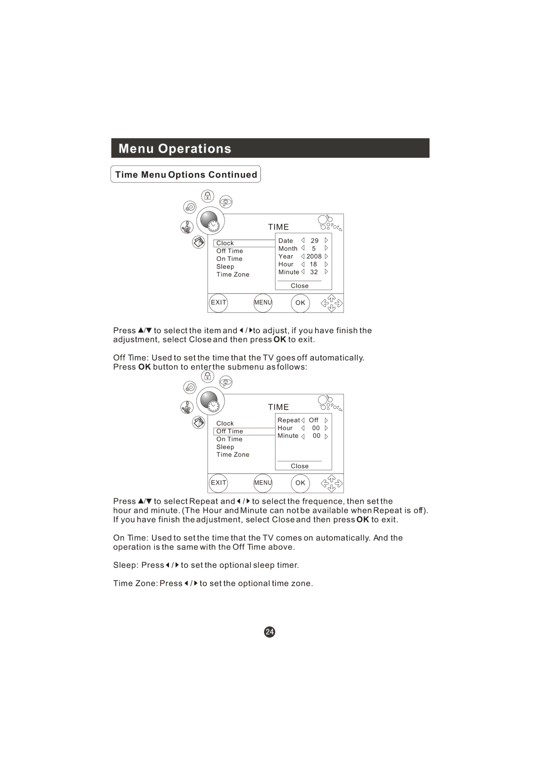 Haier LT22R3CBW user manual Clock Repeat Off Off Time Hour Minute 