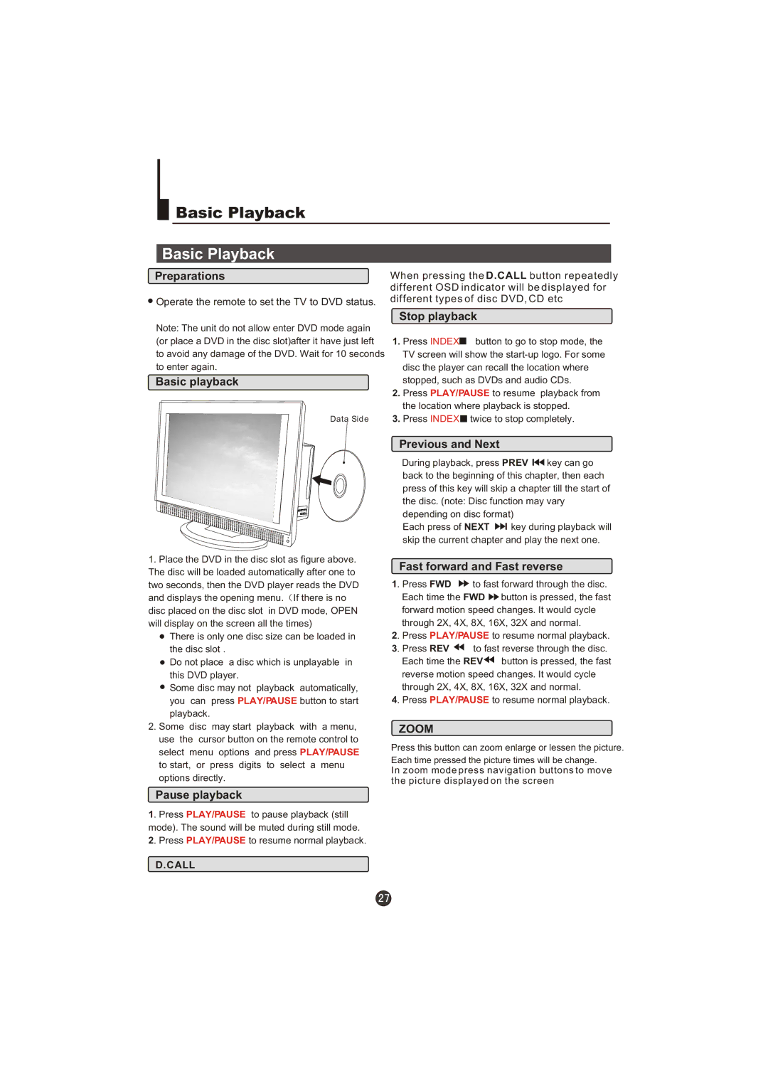 Haier LT22R3CBW user manual Preparations, Basic playback, Stop playback, Previous and Next, Fast forward and Fast reverse 