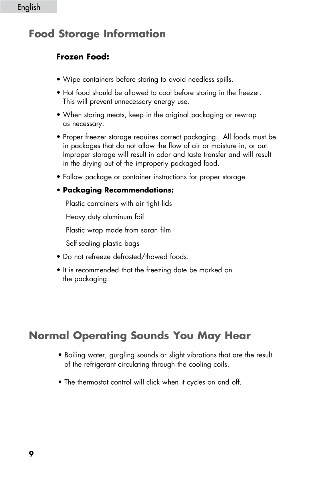 Haier LW145AW Food Storage Information, Normal Operating Sounds You May Hear, Frozen Food, Packaging Recommendations 