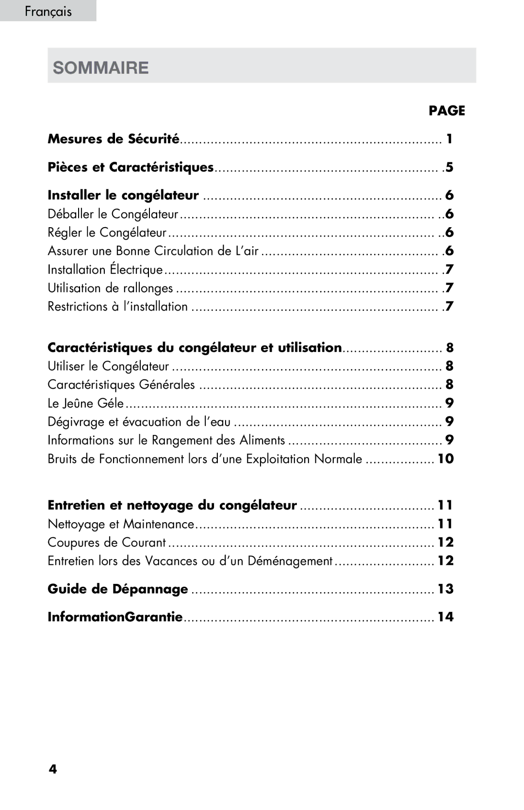 Haier LW145AW user manual Sommaire, Français, Entretien et nettoyage du congélateur 