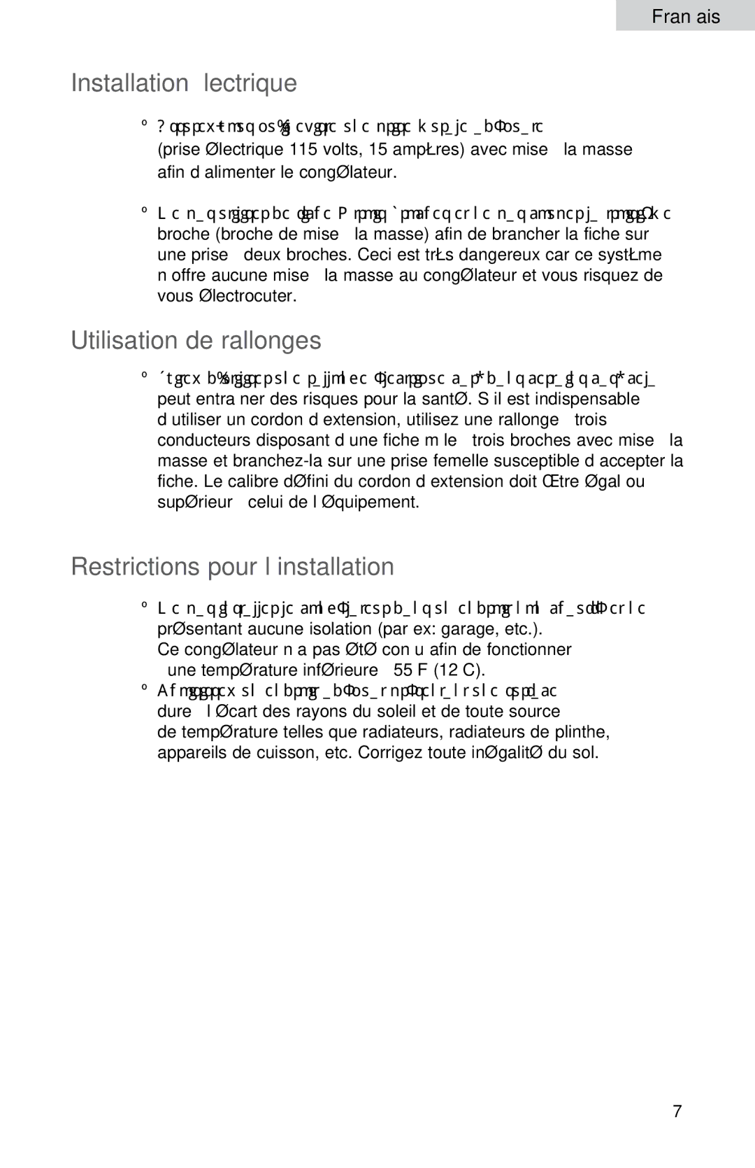 Haier LW145AW user manual Installation Électrique, Utilisation de rallonges, Restrictions pour l’installation 