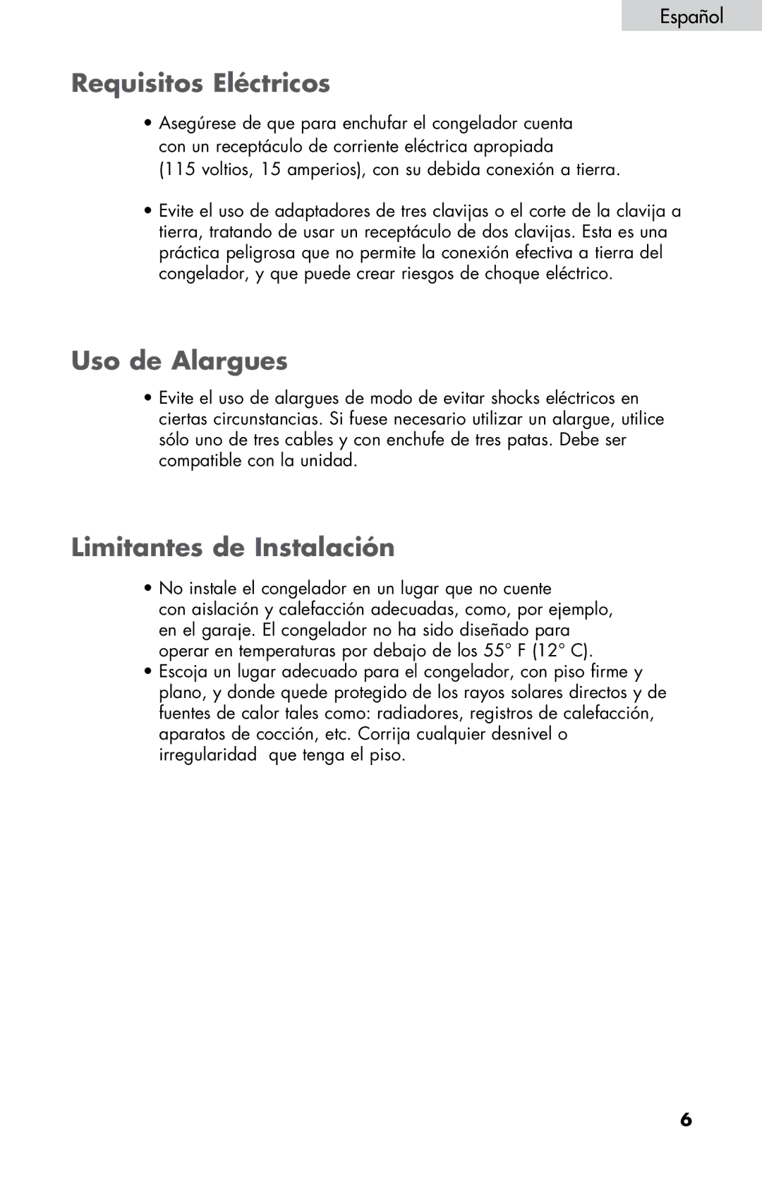 Haier LW145AW user manual Requisitos Eléctricos, Uso de Alargues, Limitantes de Instalación 