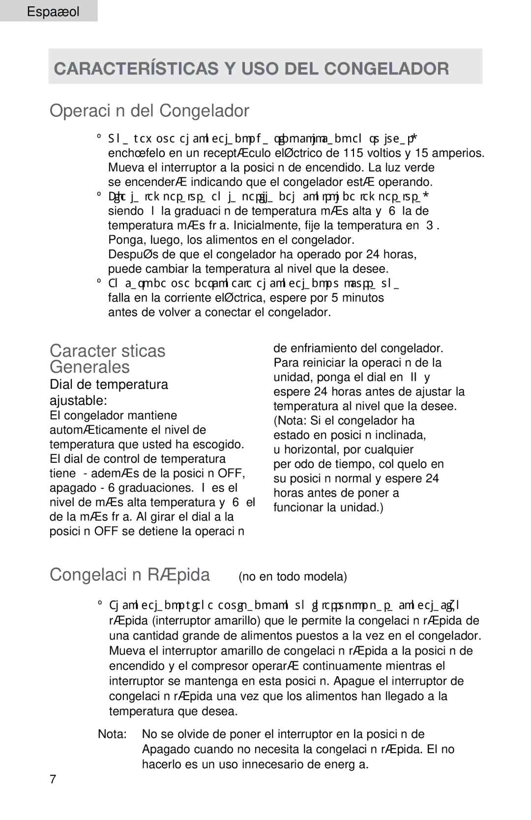 Haier LW145AW user manual Características y uso del congelador, Operación del Congelador, Características Generales 