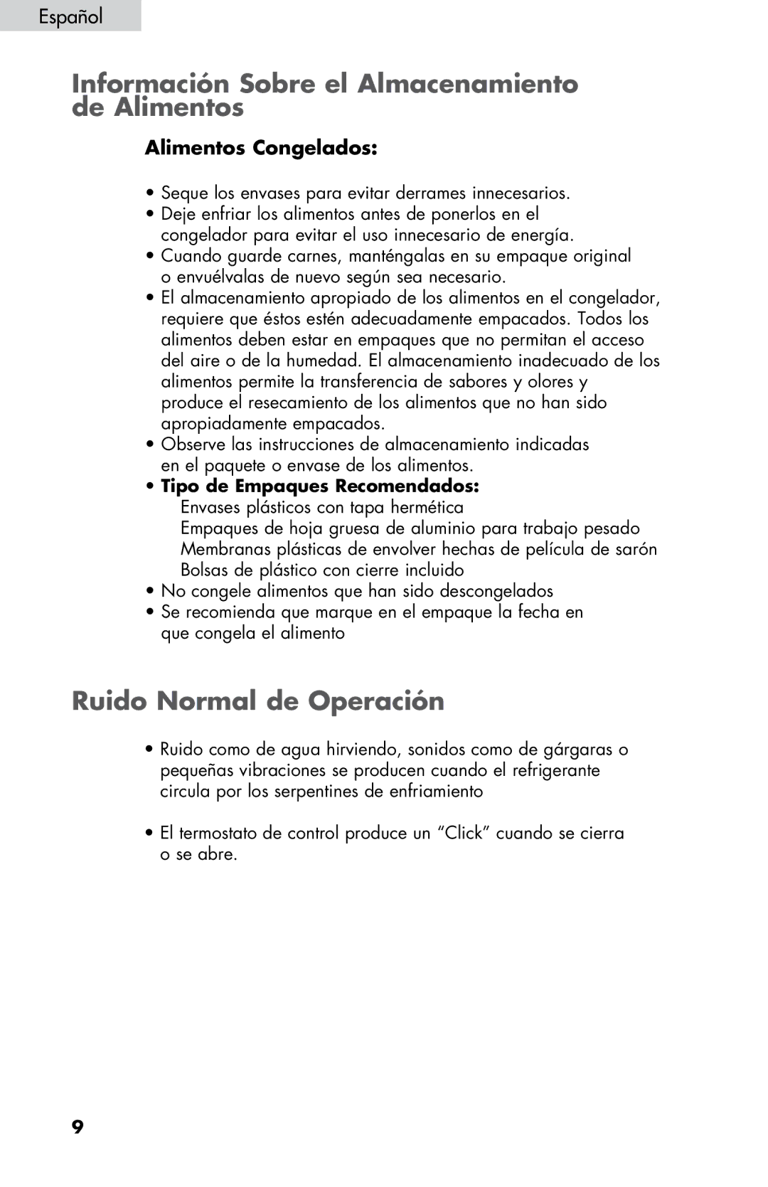 Haier LW145AW user manual Información Sobre el Almacenamiento de Alimentos, Ruido Normal de Operación, Alimentos Congelados 