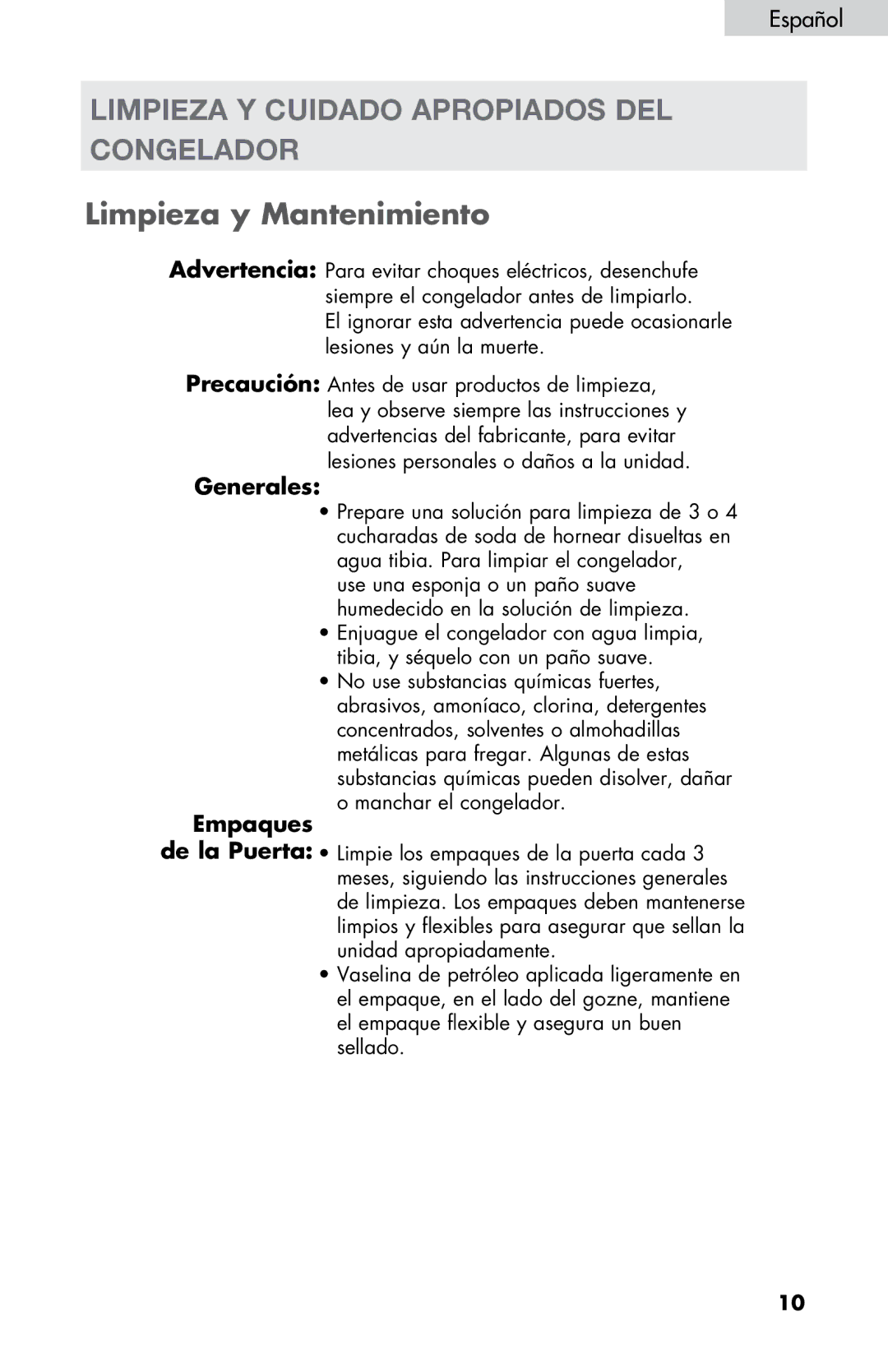 Haier LW145AW user manual Limpieza y cuidado apropiados del congelador, Limpieza y Mantenimiento, Generales 