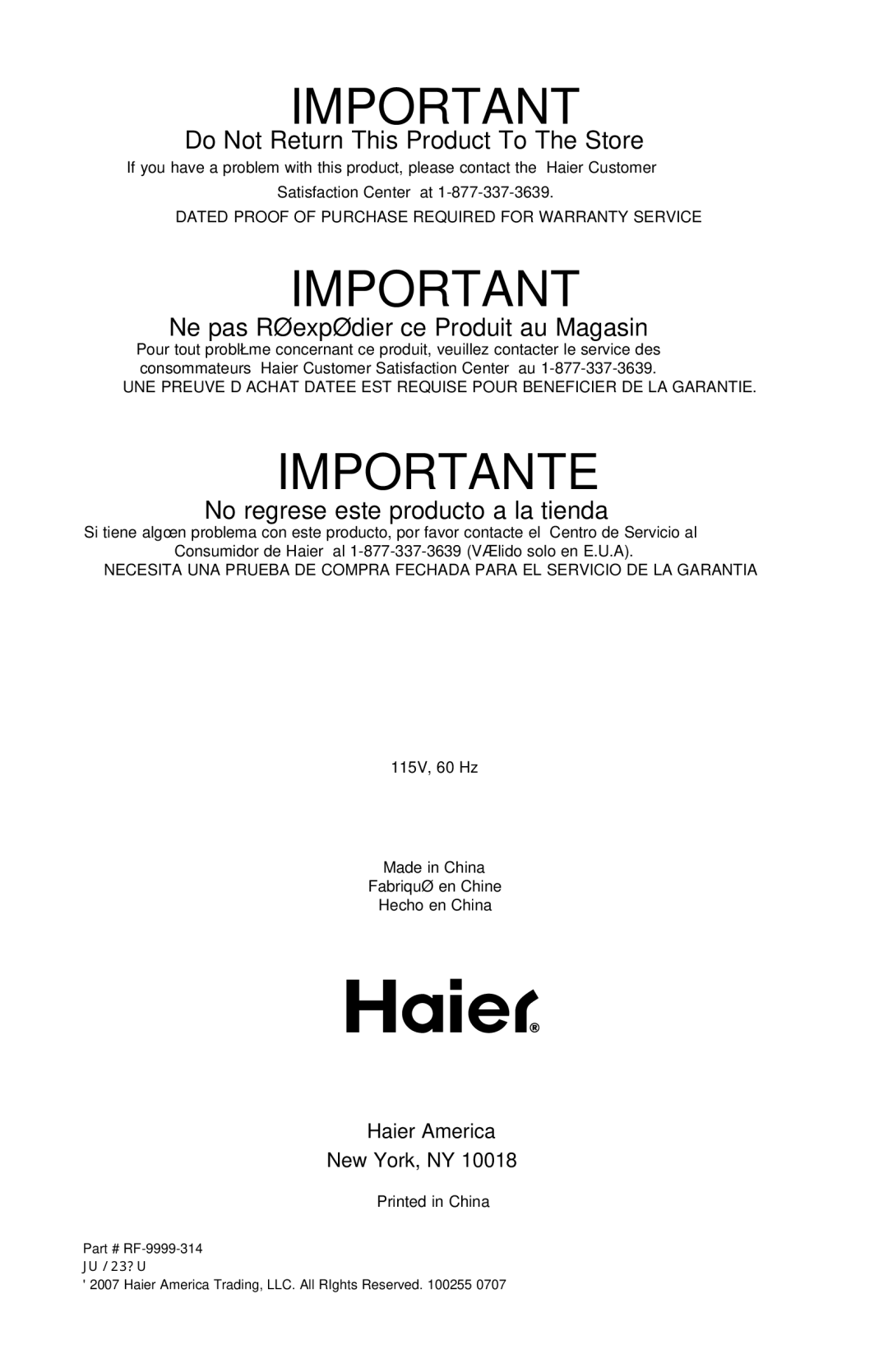 Haier LW145AW user manual Do Not Return This Product To The Store, Haier America New York, NY 